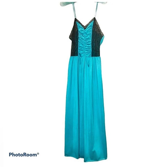 Teal Nightgown Gown Dress Lingerie Satin Polyester No Label Approx XS - Picture 1 of 3